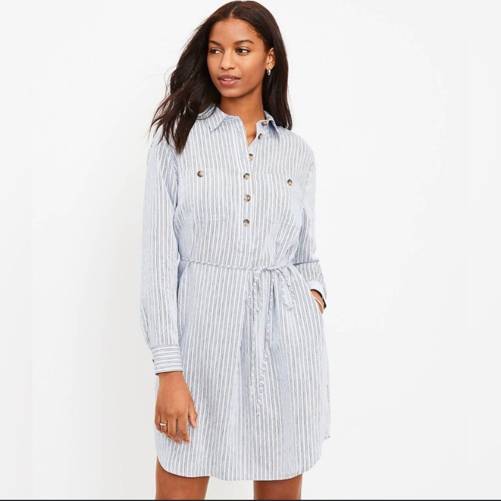 New LOFT Blue Striped Long Sleeve shirt Dress $89 large Anthropologie
